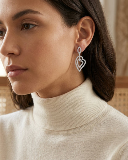 14k White Gold 0.80ctw Double Heart Drop Earrings — editorial close-up