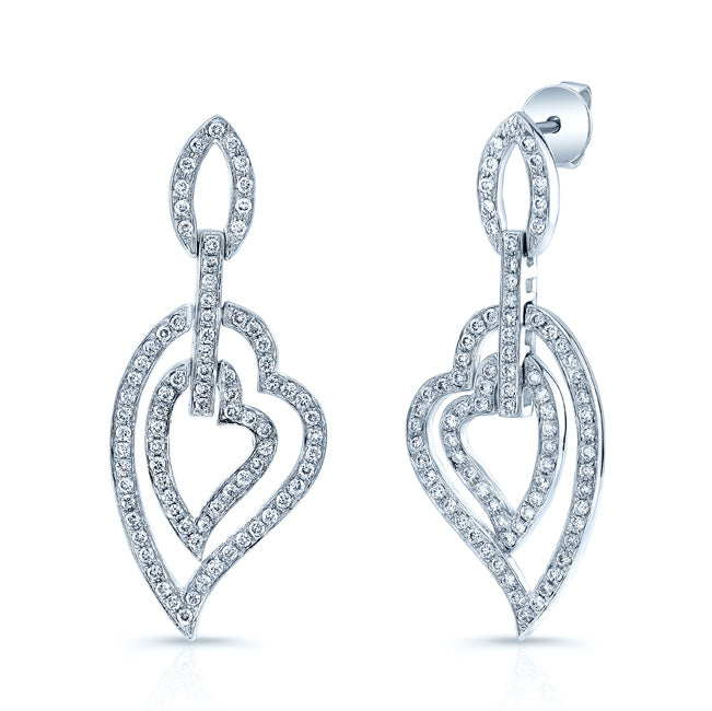 14k White Gold 0.80ctw Double Heart Drop Earrings