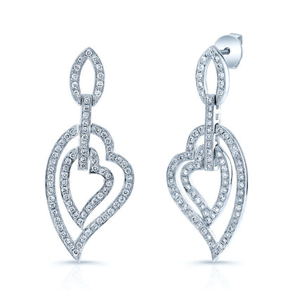 14k White Gold 0.80ctw Double Heart Drop Earrings