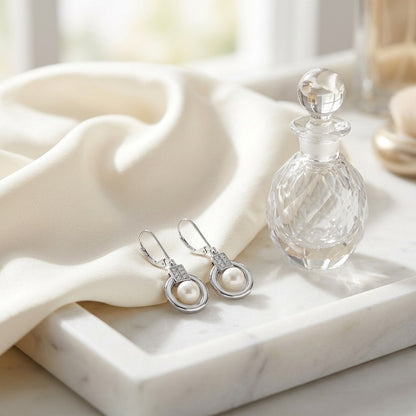 Freshwater Pearl and Diamond Leverback Earrings in 14k White Gold 0.06ctw — marble silk
