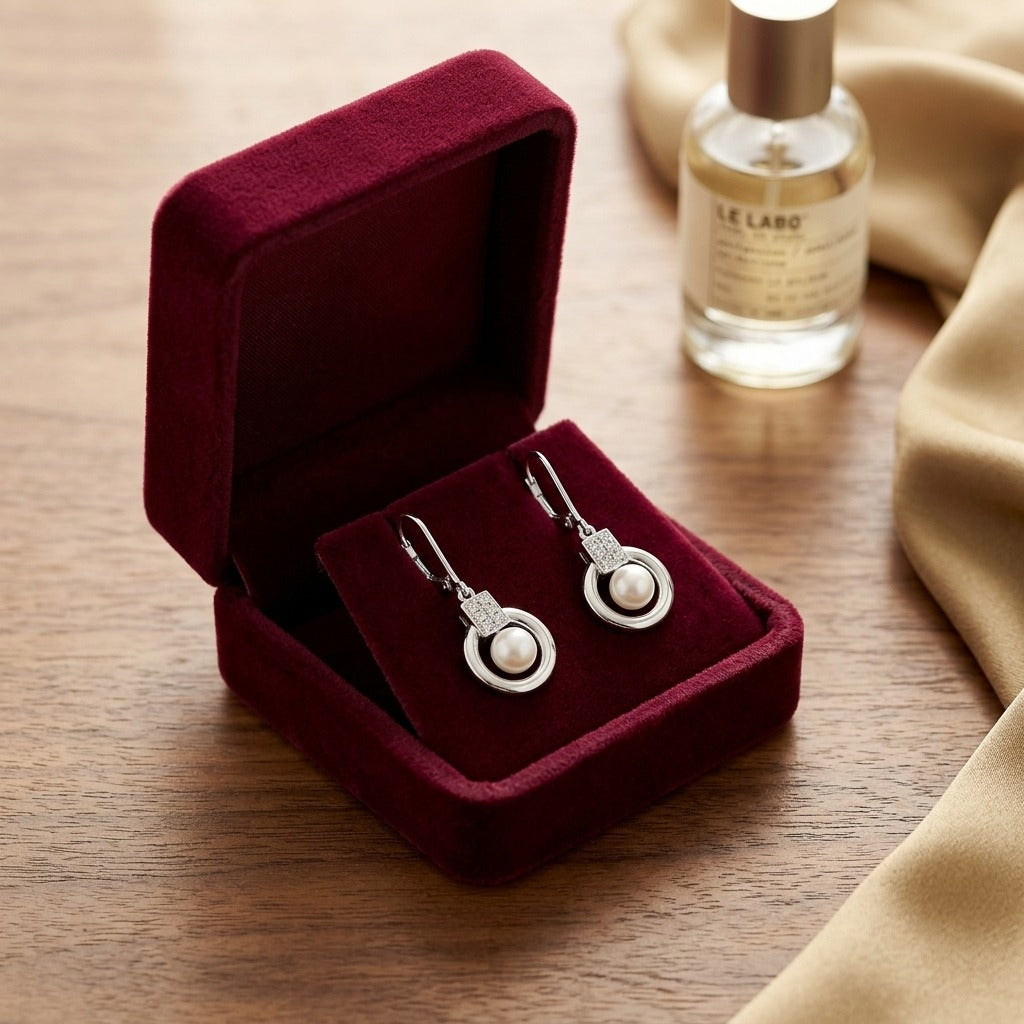 Freshwater Pearl and Diamond Leverback Earrings in 14k White Gold 0.06ctw — velvet box