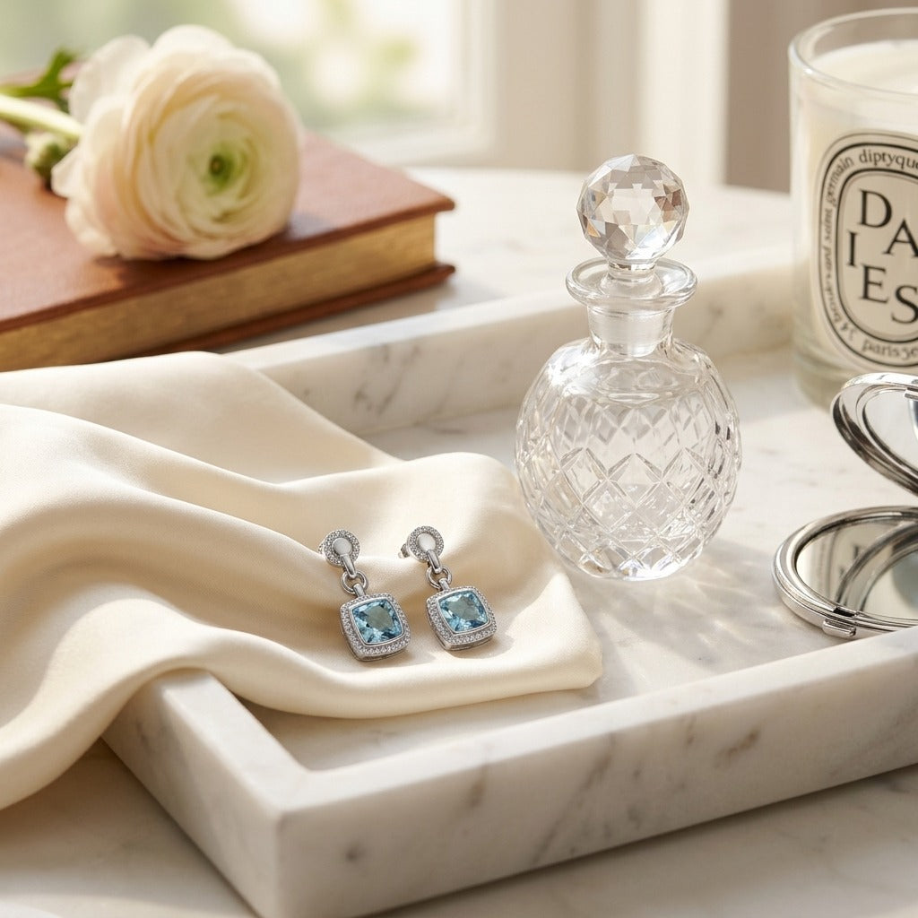 Aquamarine And Diamond Earrings In 14k White Gold — marble silk