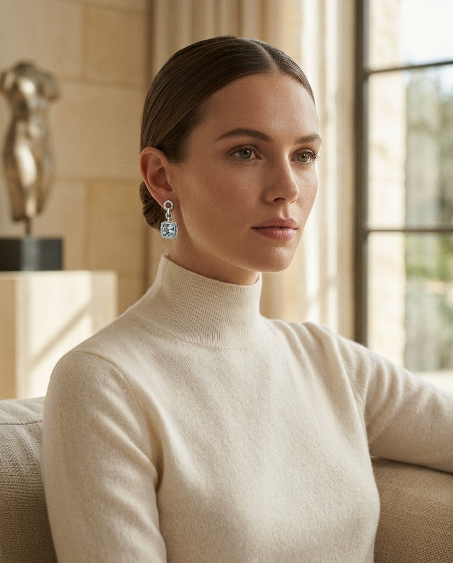 Aquamarine And Diamond Earrings In 14k White Gold — portrait full