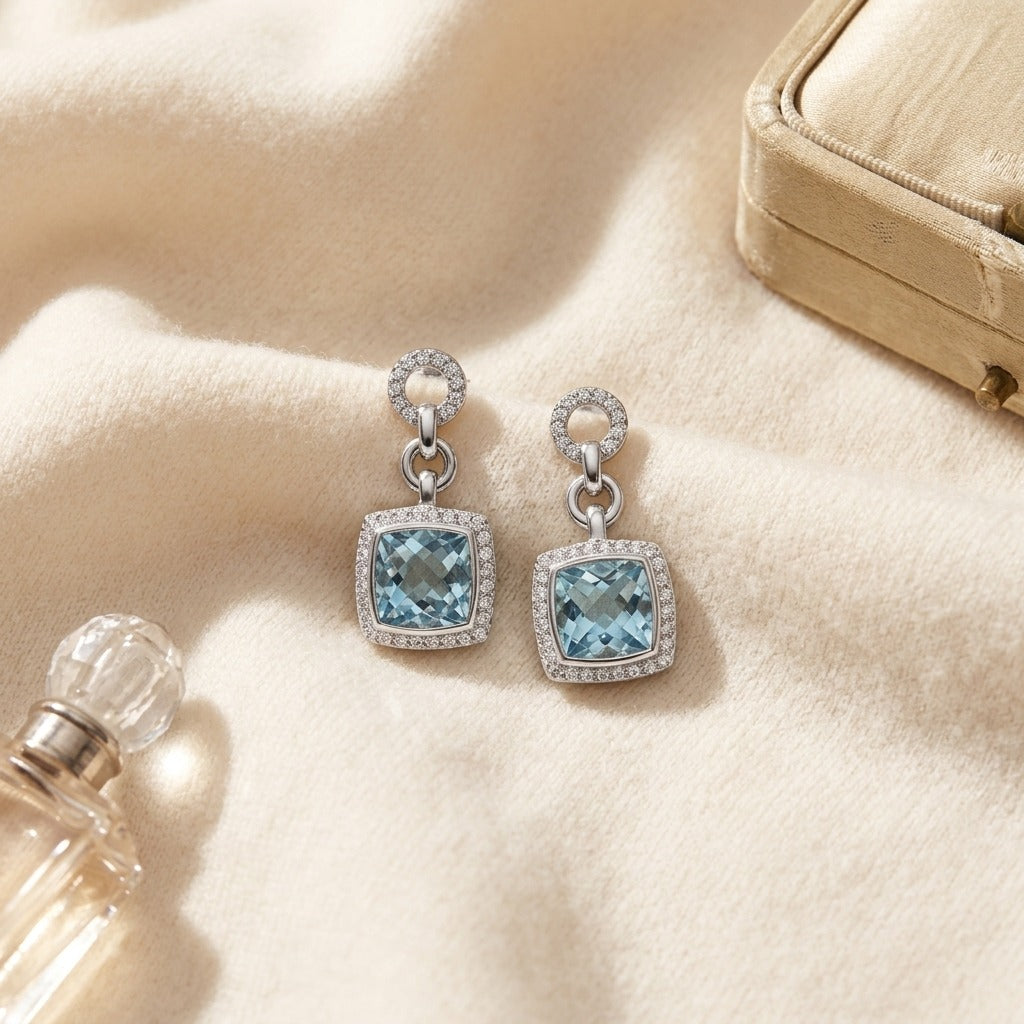 Aquamarine And Diamond Earrings In 14k White Gold — textile flat lay