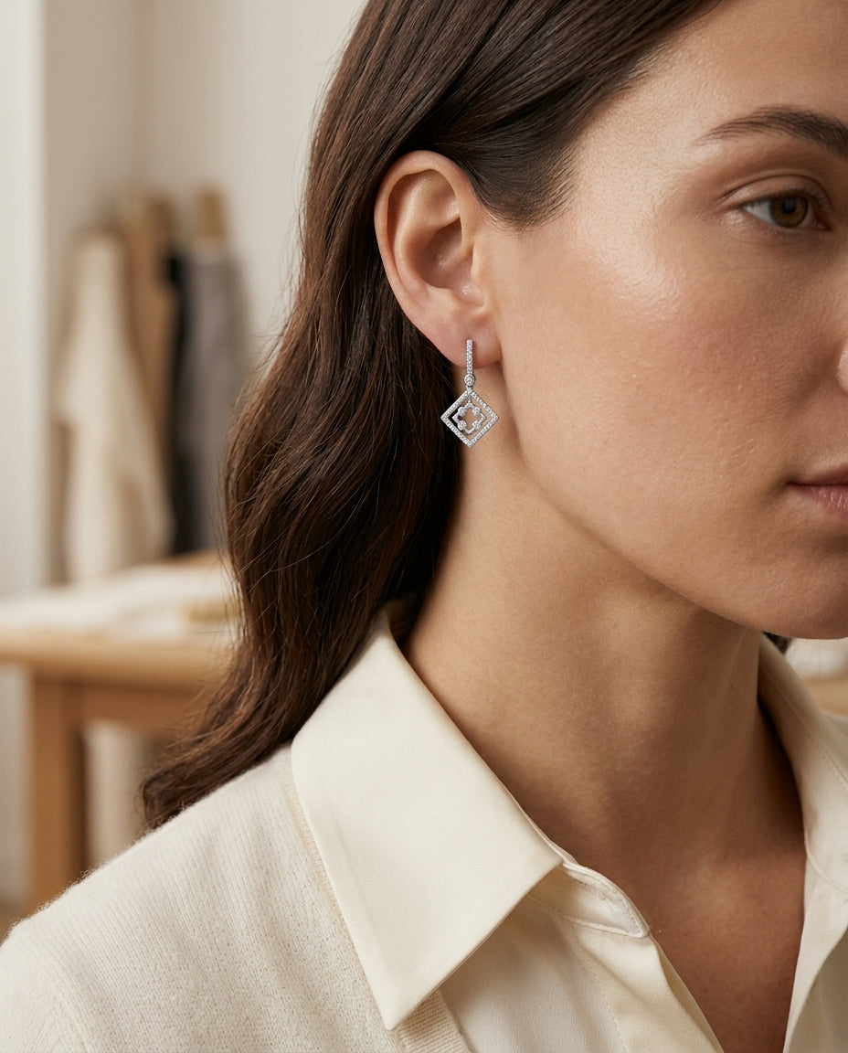 Diamond Double Frame Drop Earrings In 14k White Gold (si) — editorial close-up