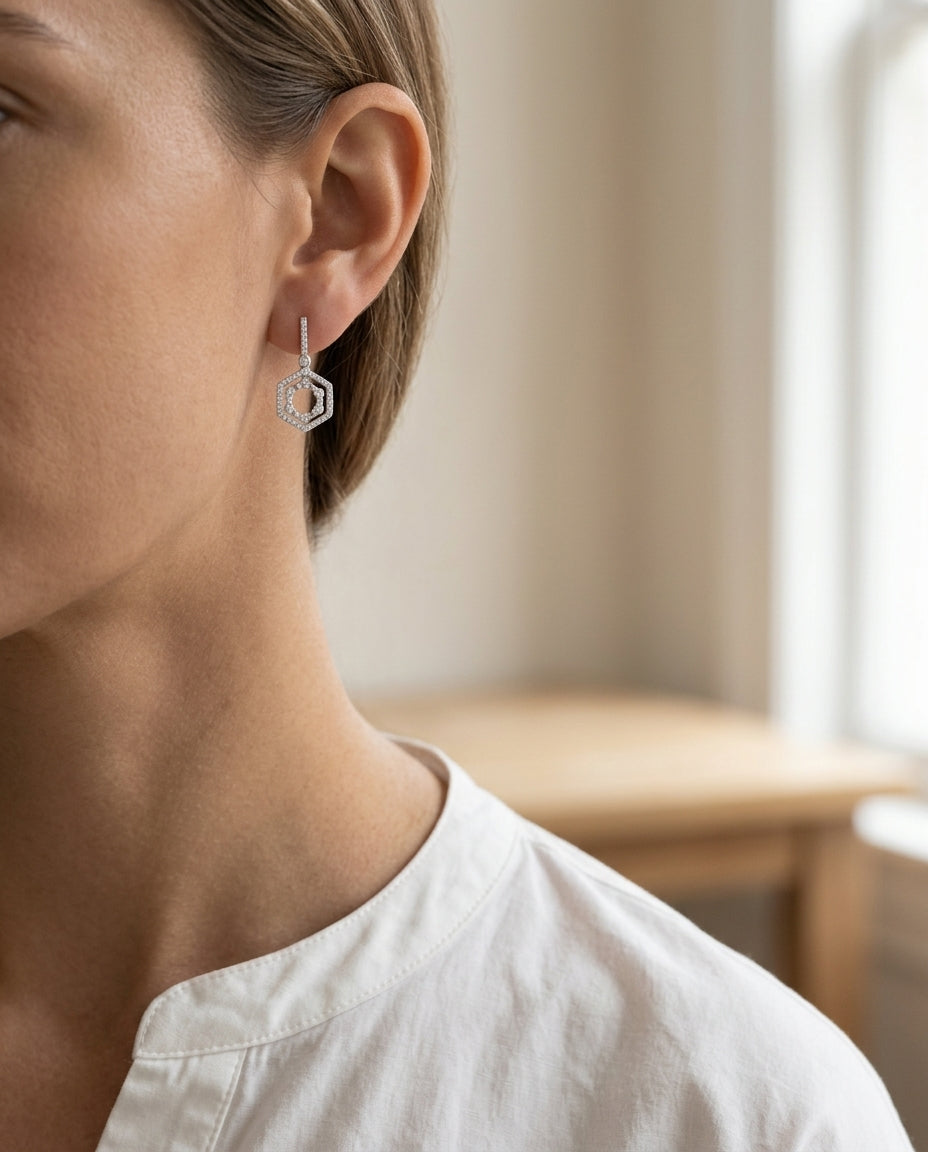 14k White Gold Hexagon Drop Earrings — editorial close-up