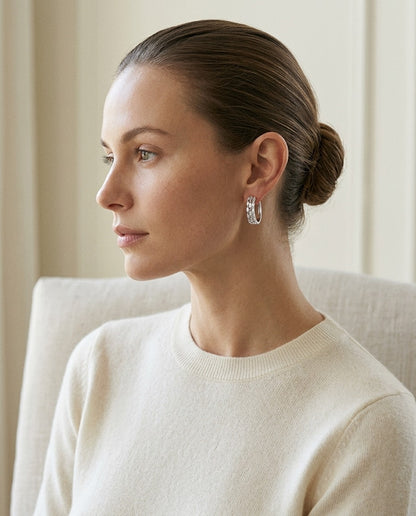 Diamond Baguette and Round Brilliant Multi-Row Oval Hinged Hoop Earring in 14k White Gold — portrait close