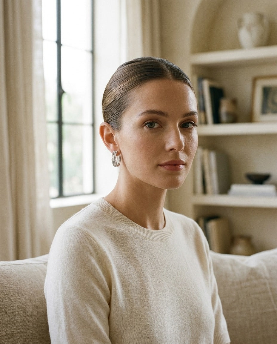 Diamond Baguette and Round Brilliant Multi-Row Oval Hinged Hoop Earring in 14k White Gold — portrait full