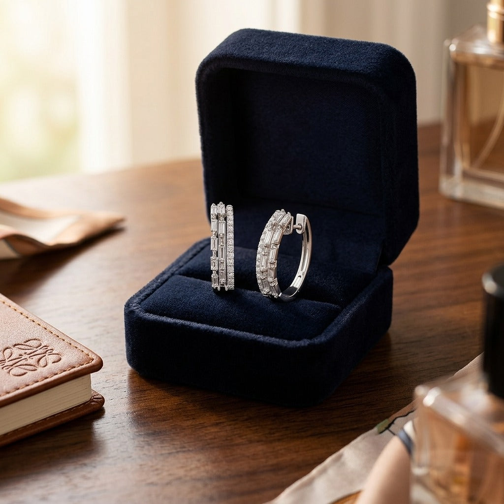 Diamond Baguette and Round Brilliant Multi-Row Oval Hinged Hoop Earring in 14k White Gold — velvet box
