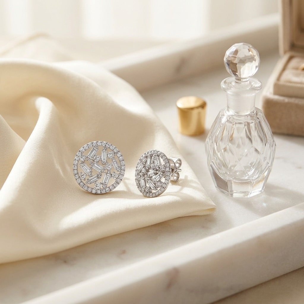 Diamond Baguette and Round Floating Shield Earrings in 14k White Gold — marble silk