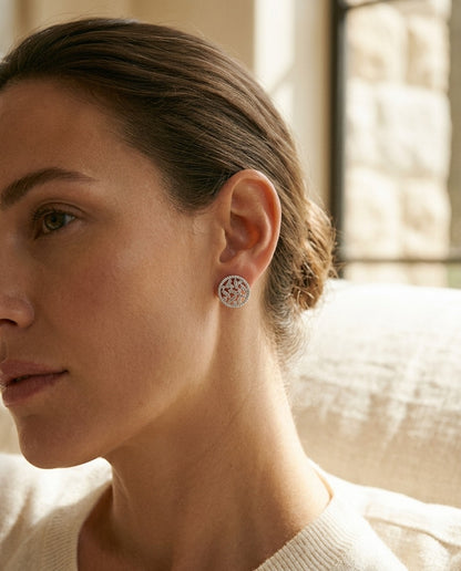 Diamond Baguette and Round Floating Shield Earrings in 14k White Gold — portrait close