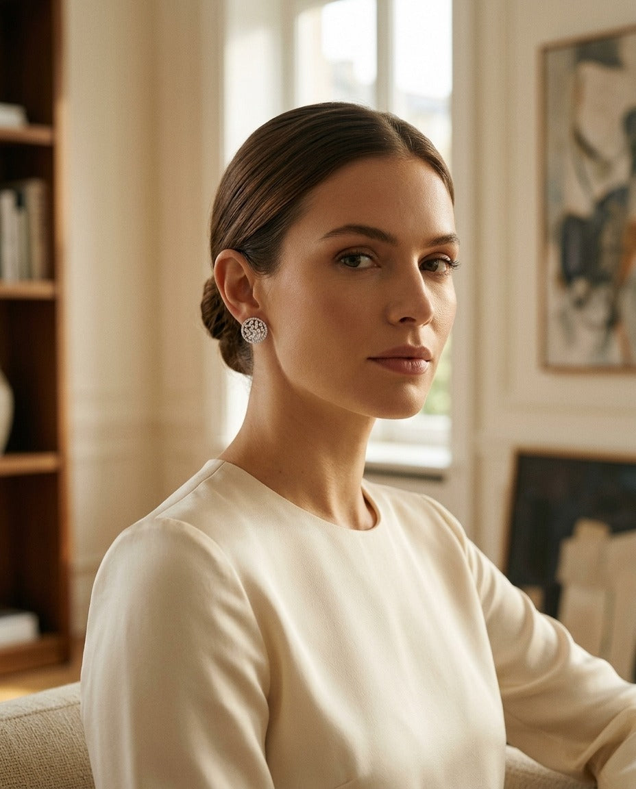 Diamond Baguette and Round Floating Shield Earrings in 14k White Gold — portrait full