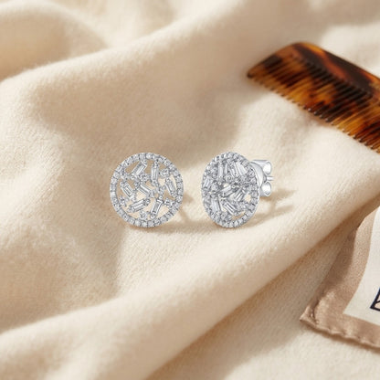 Diamond Baguette and Round Floating Shield Earrings in 14k White Gold — textile flat lay