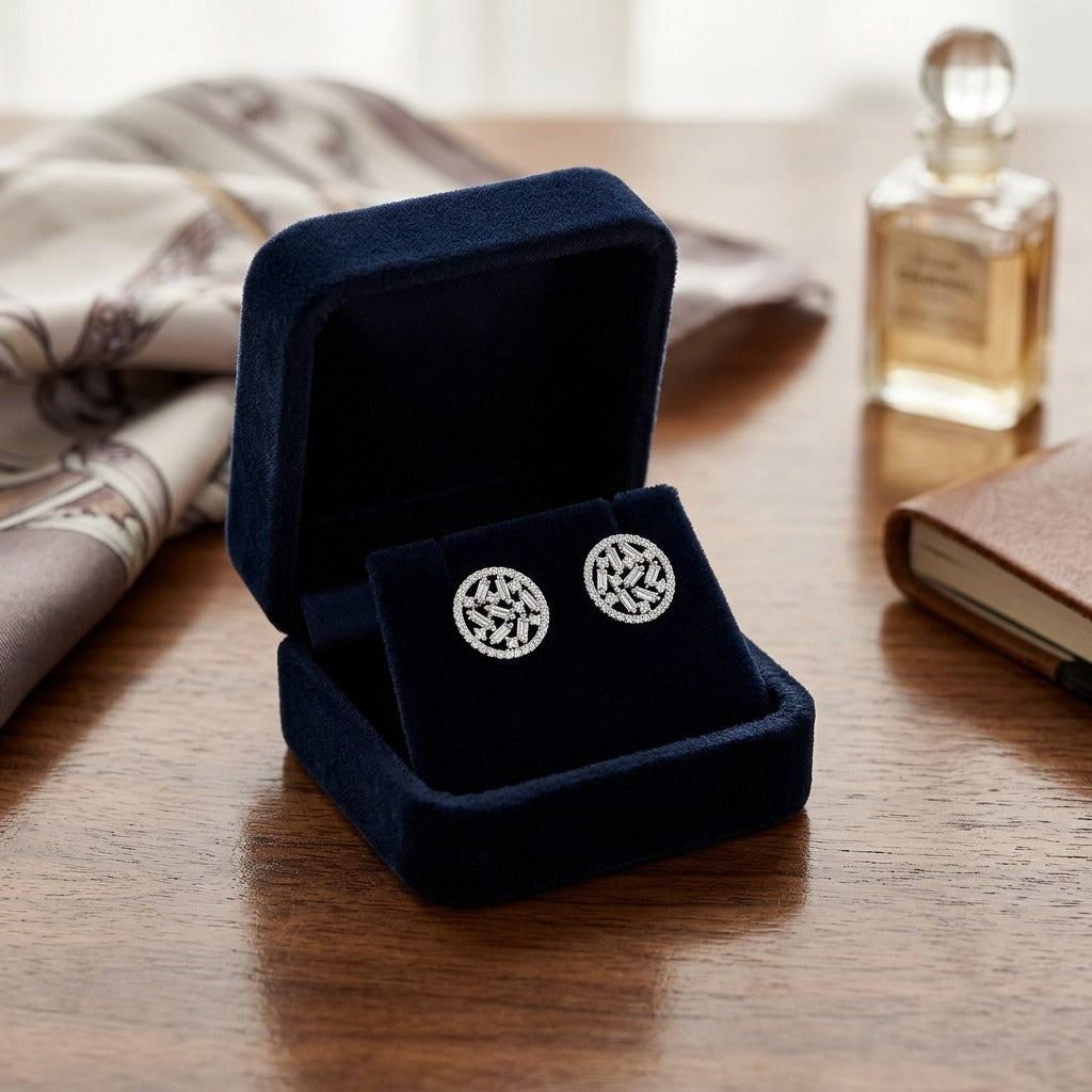 Diamond Baguette and Round Floating Shield Earrings in 14k White Gold — velvet box