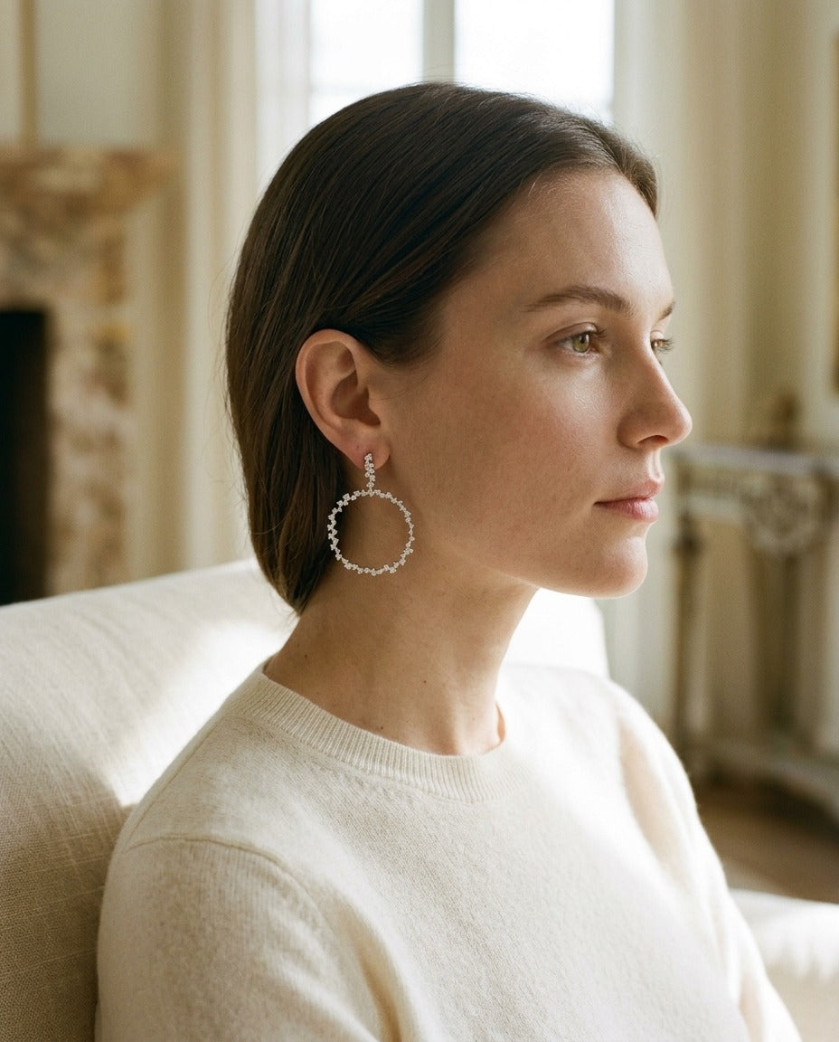 Scattered Diamonds Circle Earrings in 14k White Gold 3-3/8ctw — portrait close
