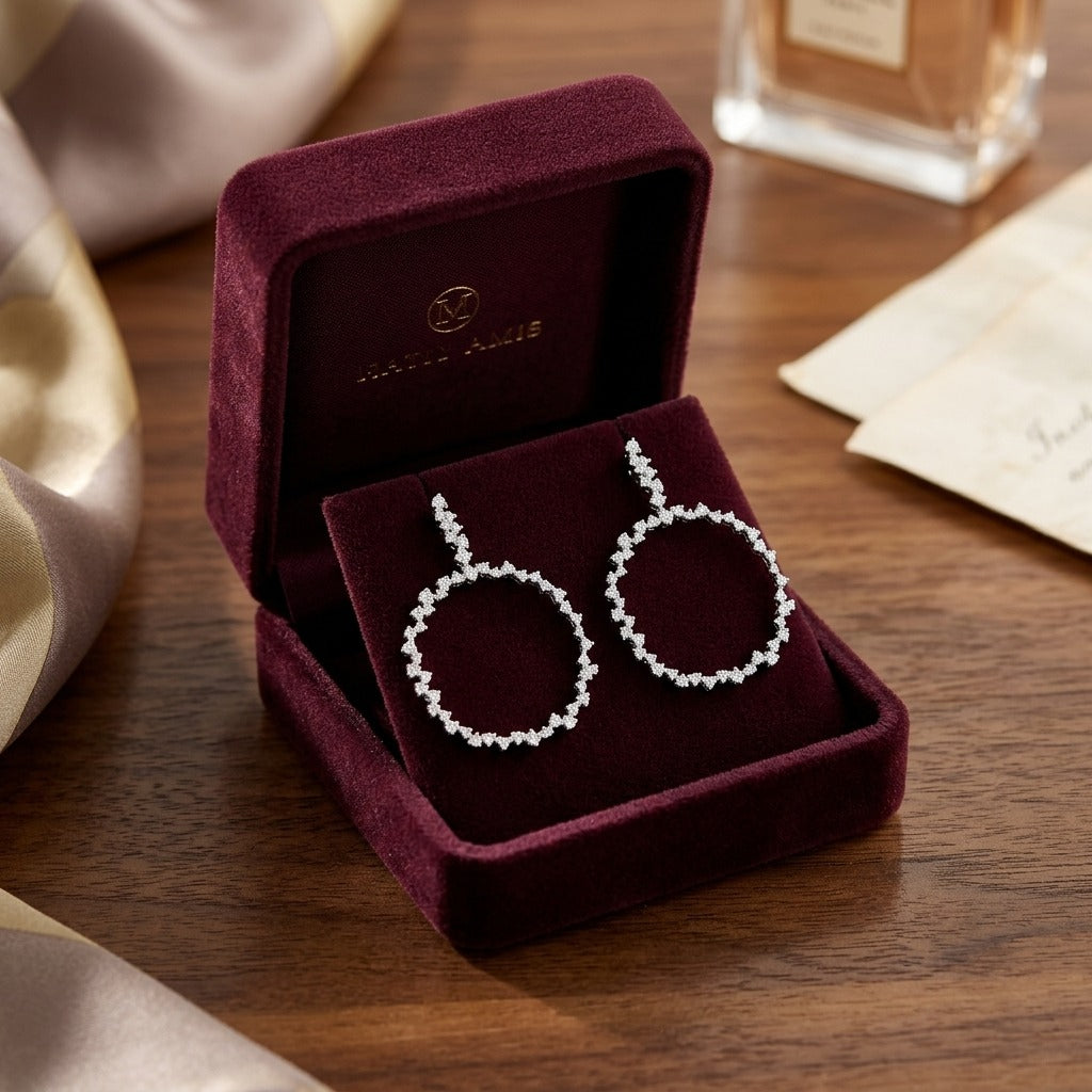Scattered Diamonds Circle Earrings in 14k White Gold 3-3/8ctw — velvet box