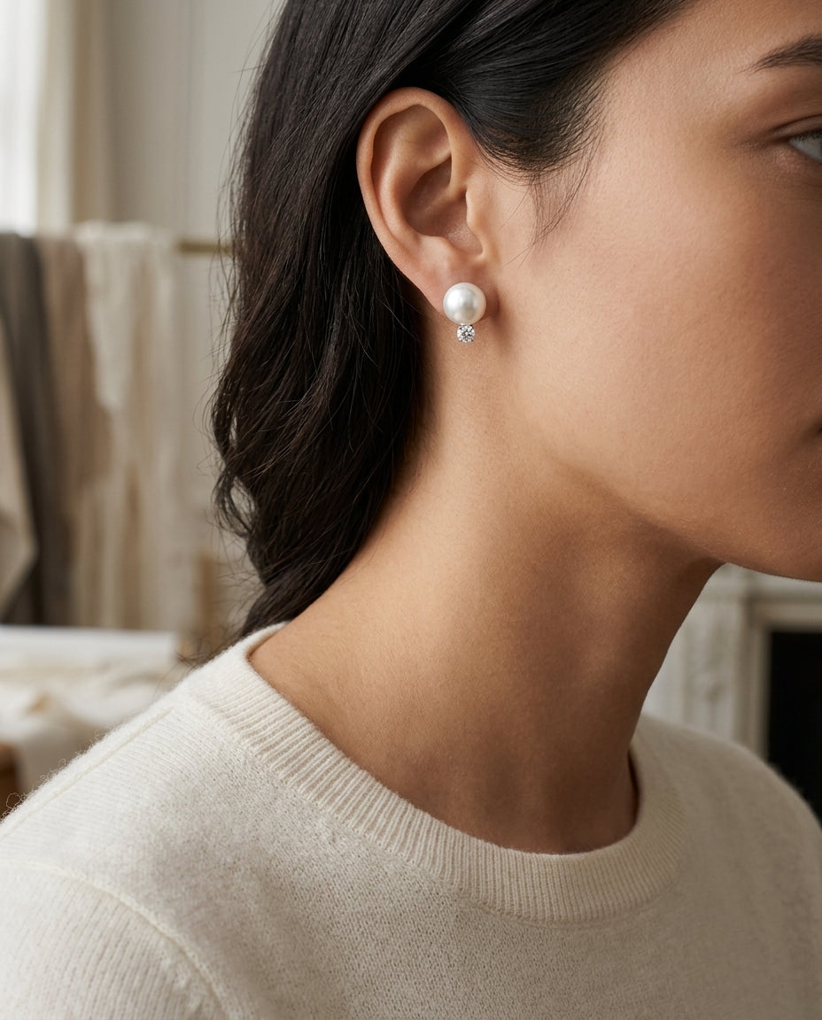 White Cultured Akoya Pearl Earrings In 14k White Gold — editorial close-up