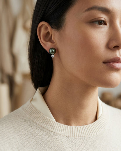 Black South Sea Pearl & Diamond Earrings In 14k White Gold — editorial close-up