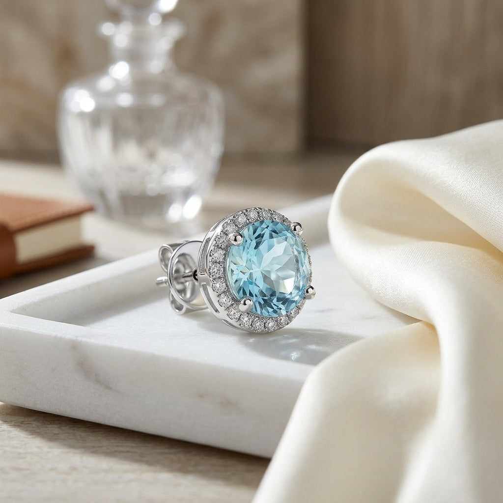 Aqua & Diamond Round Halo Earring With Martini Setting  In 14k White Gold (8mm) — atelier still life