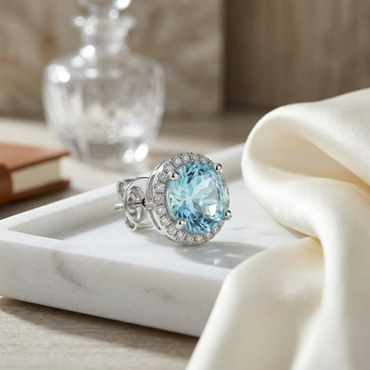 Aqua & Diamond Round Halo Earring With Martini Setting  In 14k White Gold (8mm) — atelier still life