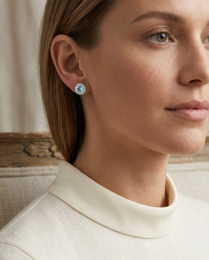 Aqua & Diamond Round Halo Earring With Martini Setting  In 14k White Gold (8mm) — editorial close-up