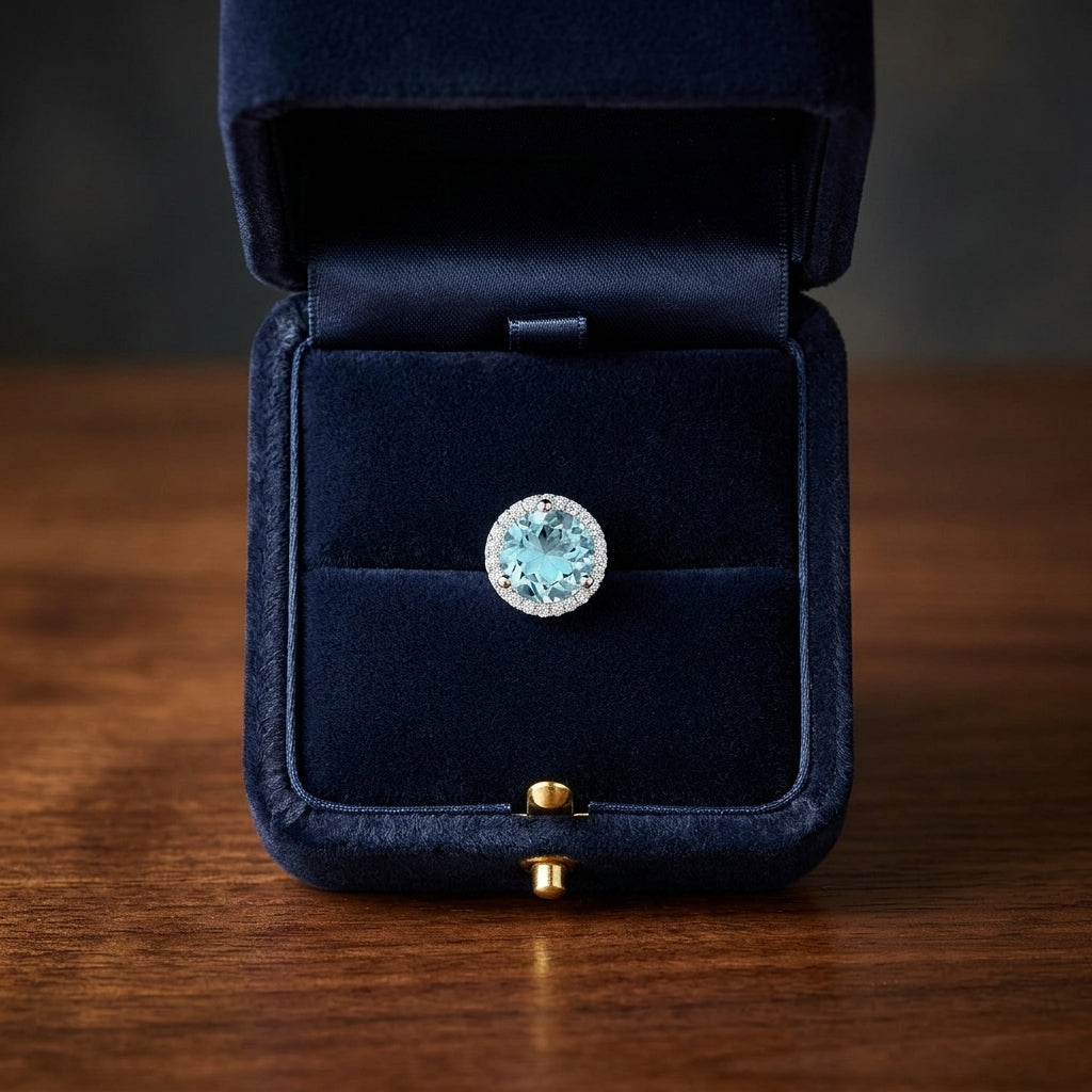 Aqua & Diamond Round Halo Earring With Martini Setting  In 14k White Gold (8mm) — gift presentation