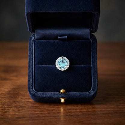Aqua & Diamond Round Halo Earring With Martini Setting  In 14k White Gold (8mm) — gift presentation
