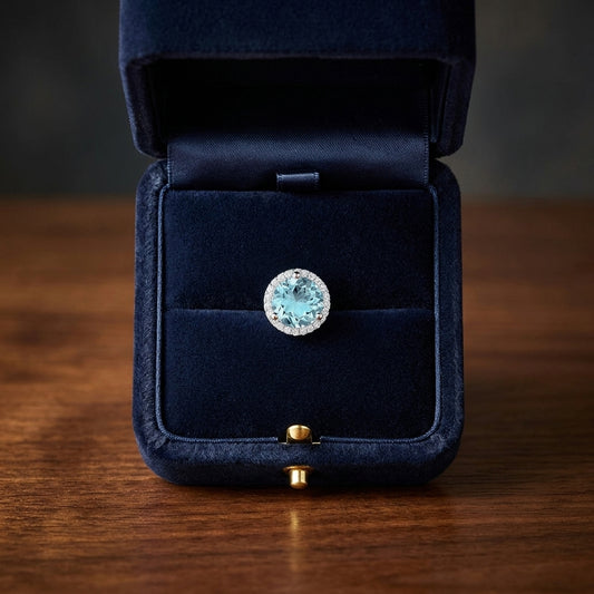 Aqua & Diamond Round Halo Earring With Martini Setting  In 14k White Gold (8mm) — gift presentation