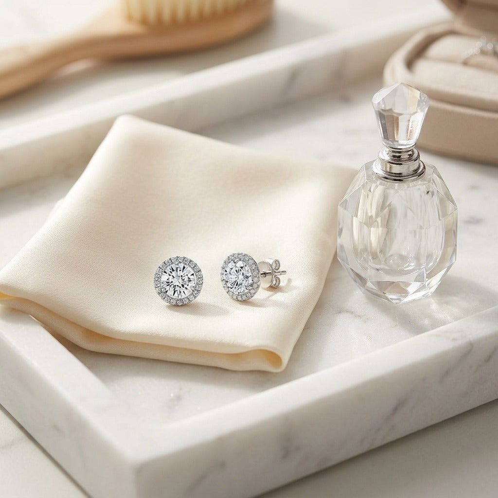 Diamond Round Martini Prong Earrings With Halo Border In 14k White Gold (1-9/10 Ct.tw.) — marble silk