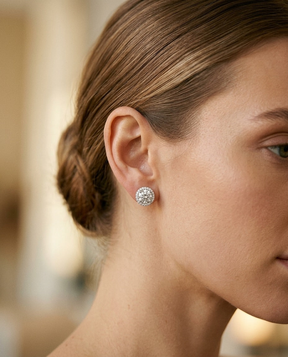 Diamond Round Martini Prong Earrings With Halo Border In 14k White Gold (1-9/10 Ct.tw.) — portrait close