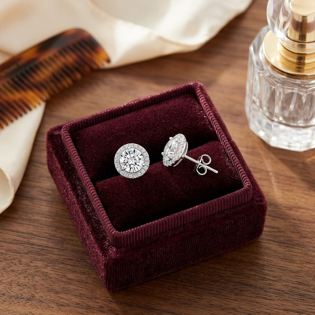Diamond Round Martini Prong Earrings With Halo Border In 14k White Gold (1-9/10 Ct.tw.) — velvet box
