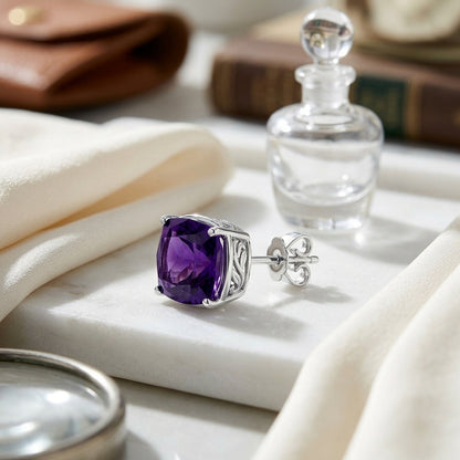 8mm Cushion Cut Amethyst Stud Earrings In 14k White Gold — atelier still life
