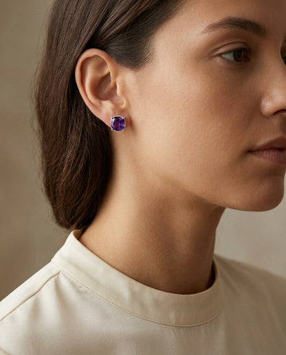 8mm Cushion Cut Amethyst Stud Earrings In 14k White Gold — editorial close-up