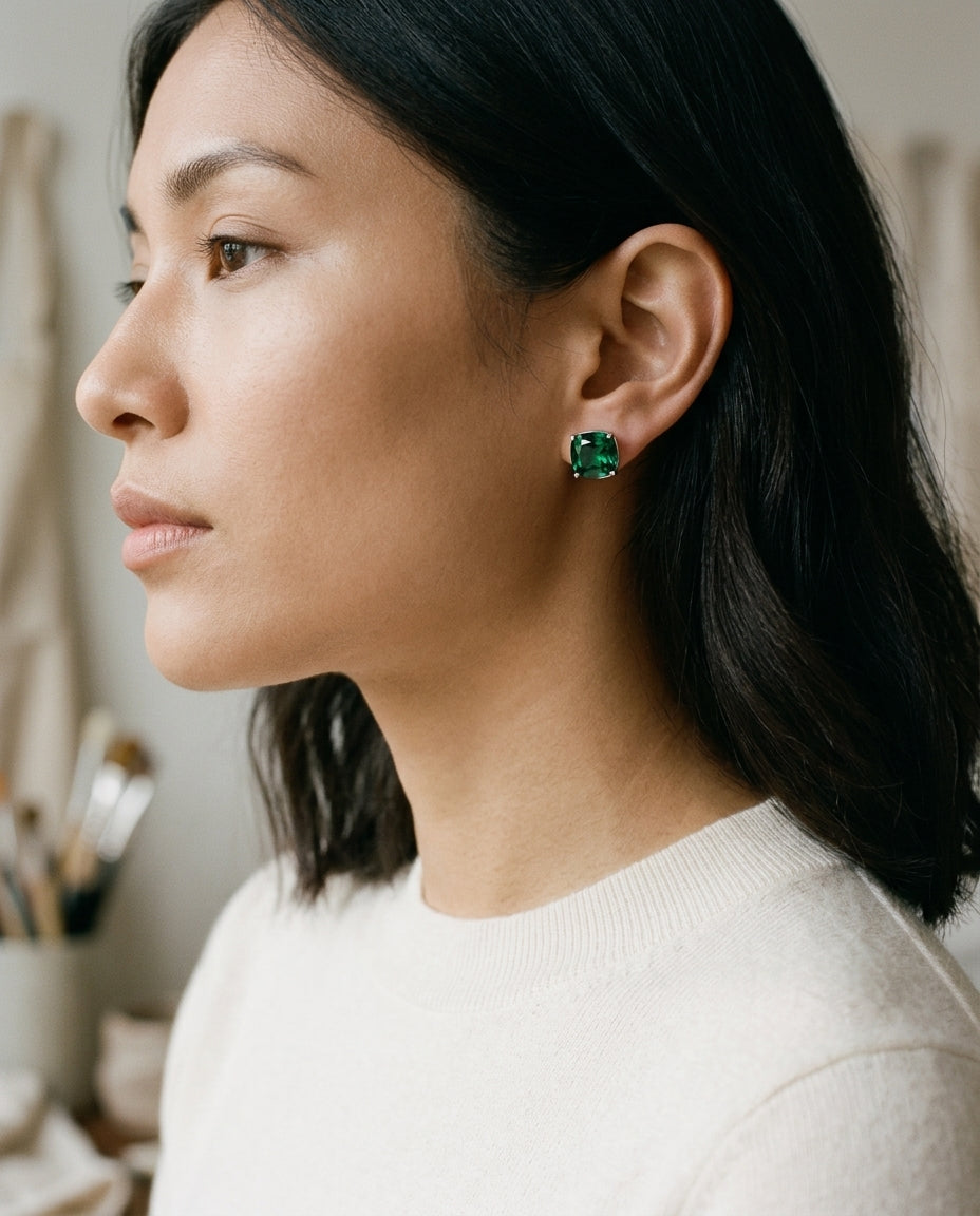 Created Emerald 8mm Cushion Stud Earrings In 14k White Gold — editorial close-up