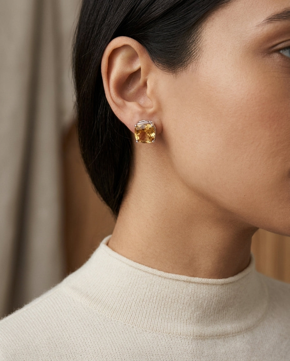8mm Cushion Cut Citrine Stud Earrings In 14k White Gold — editorial close-up