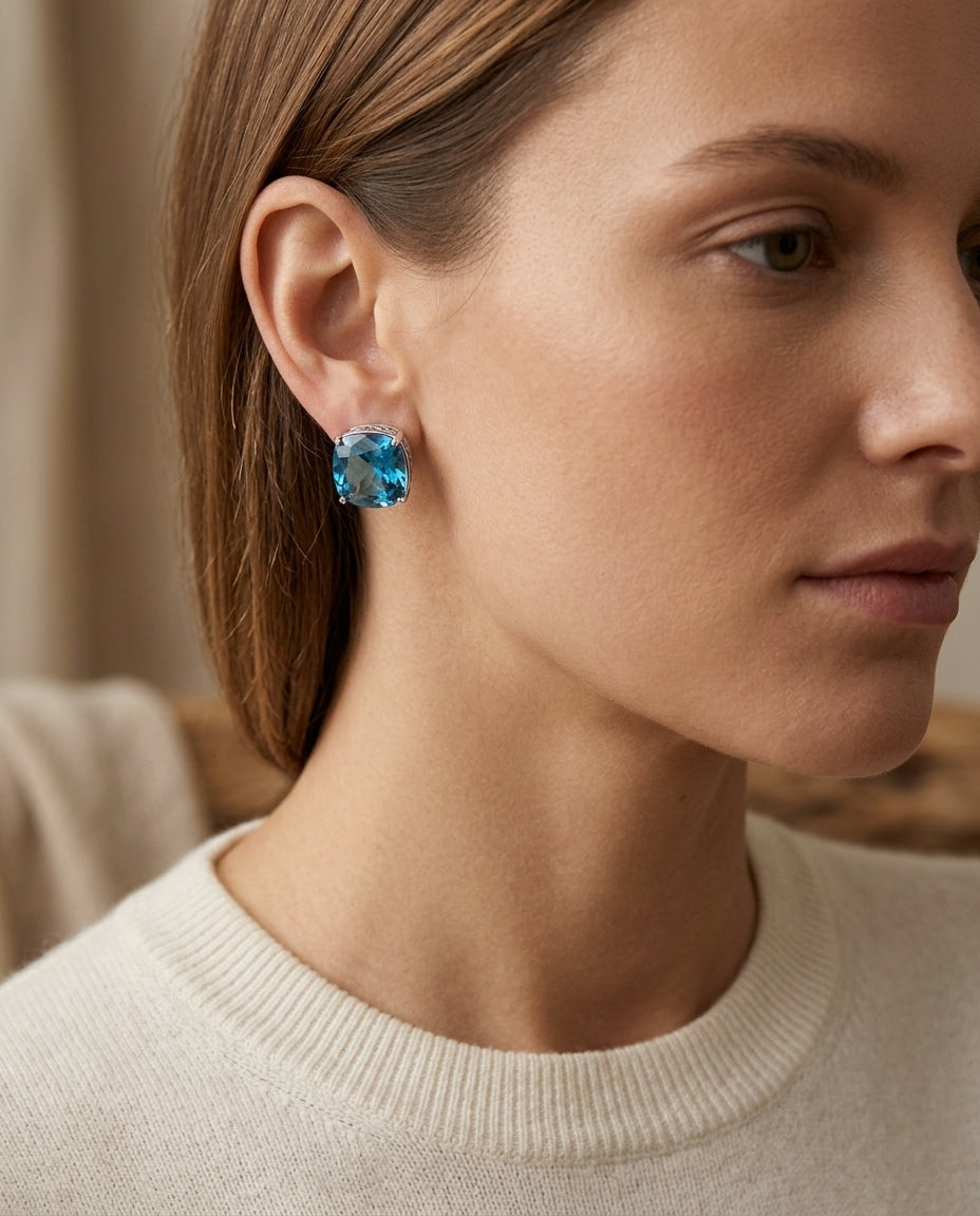 London Blue Topaz Gold Earrings In 14k White Gold (8mm) — editorial close-up