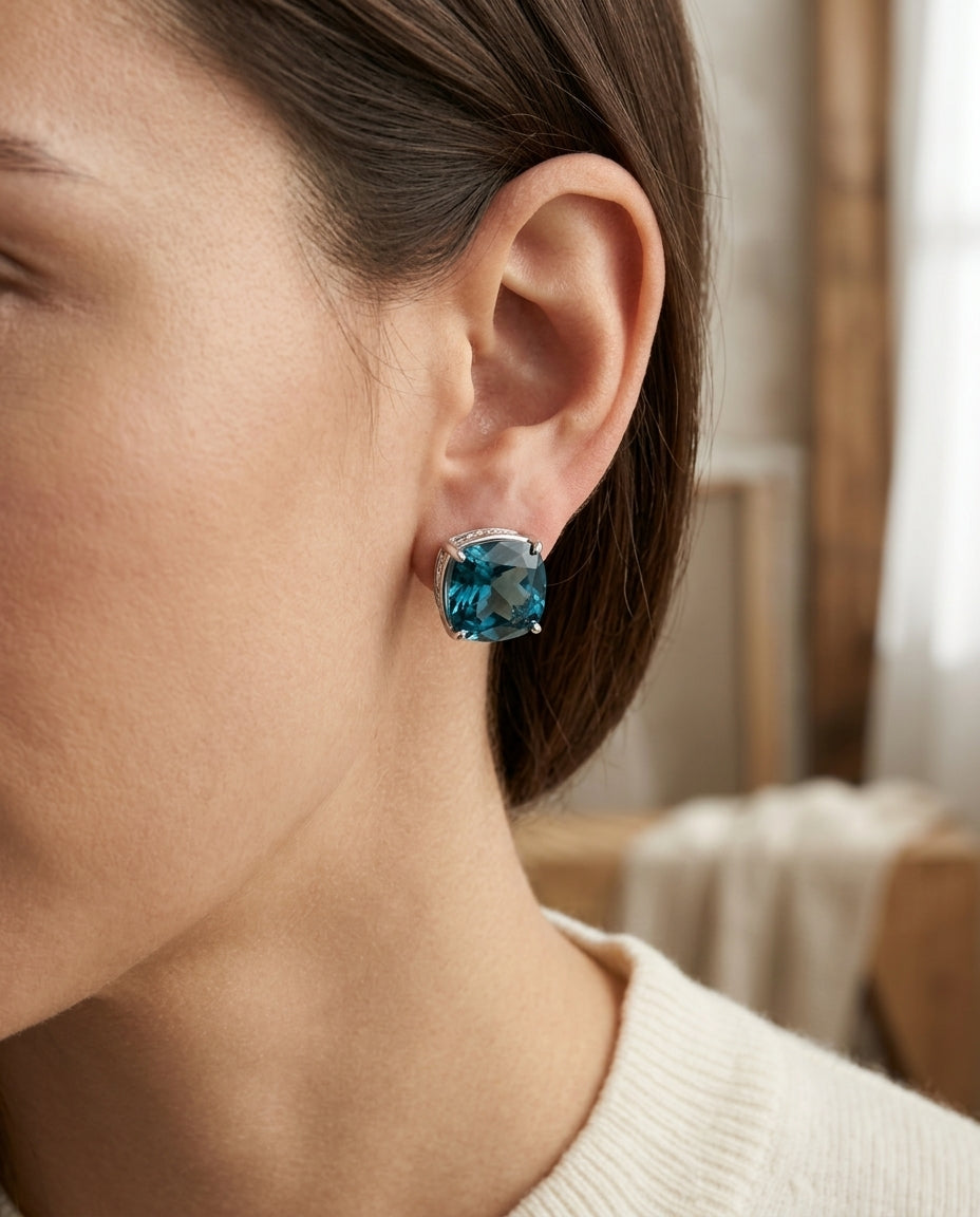 London Blue Topaz Gold Earrings In 14k White Gold (10mm) — editorial close-up