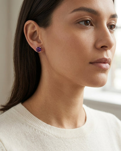 Amethyst Cushion Stud Earrings In 14k White Gold (5mm) — editorial close-up