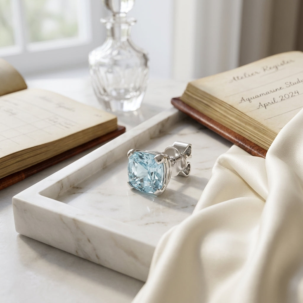 Aquamarine Cushion Stud Earrings In 14k White Gold (8mm) — atelier still life