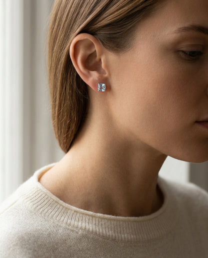 Aquamarine Cushion Stud Earrings In 14k White Gold (8mm) — editorial close-up