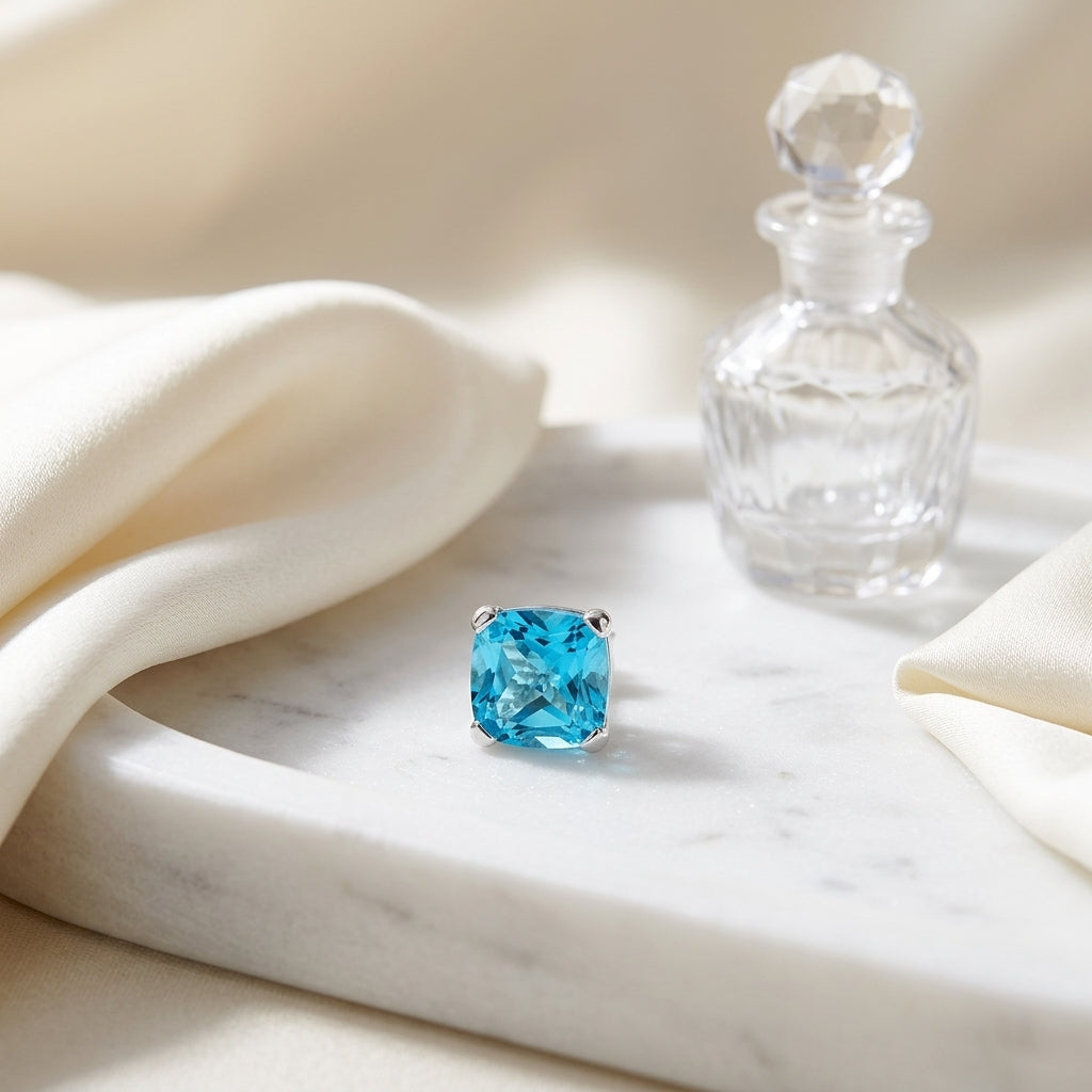Blue Topaz Cushion Stud Earrings In 14k White Gold (8mm) — atelier still life