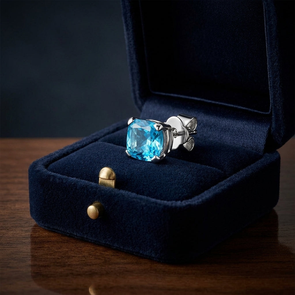 Blue Topaz Cushion Stud Earrings In 14k White Gold (8mm) — gift presentation