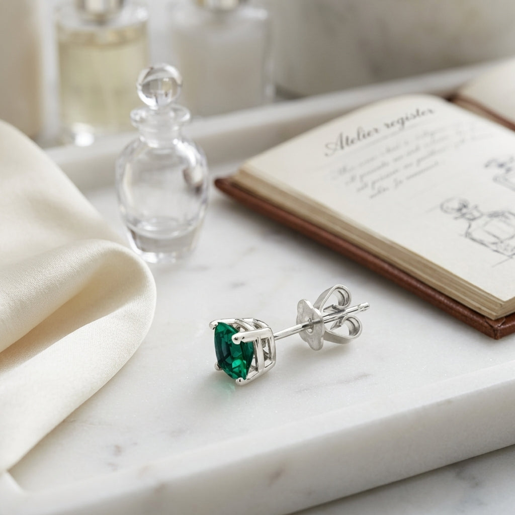 Created Emerald Cushion Stud Earrings In 14k White Gold (5mm) — atelier still life
