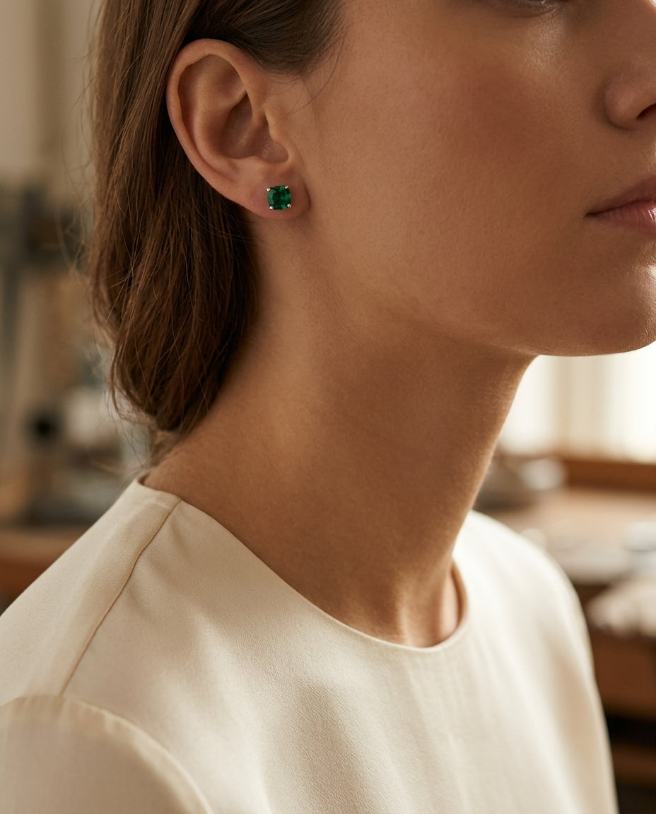 Created Emerald Cushion Stud Earrings In 14k White Gold (5mm) — editorial close-up