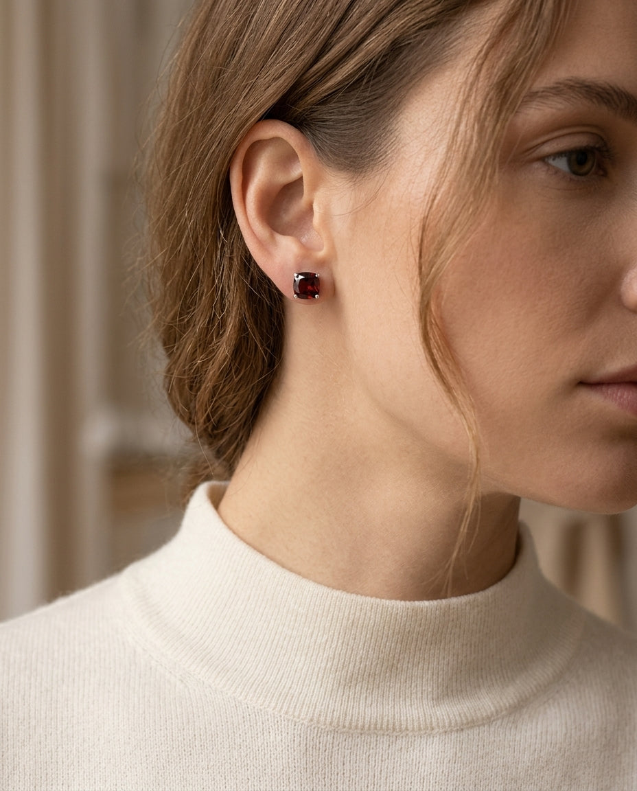 Garnet Cushion Stud Earrings In 14k White Gold (5mm) — editorial close-up