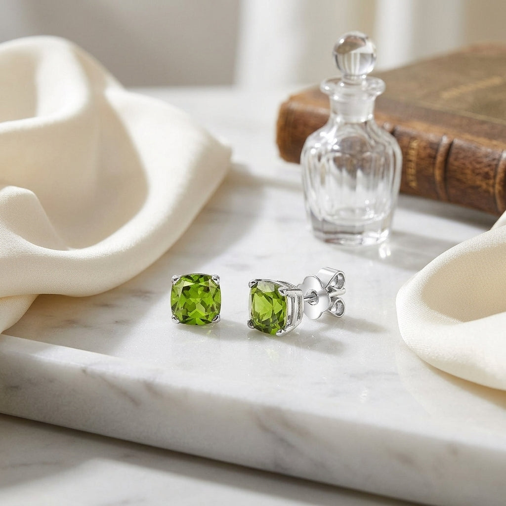 Green Peridot 5mm Studs Earring In 14k White Gold — atelier still life