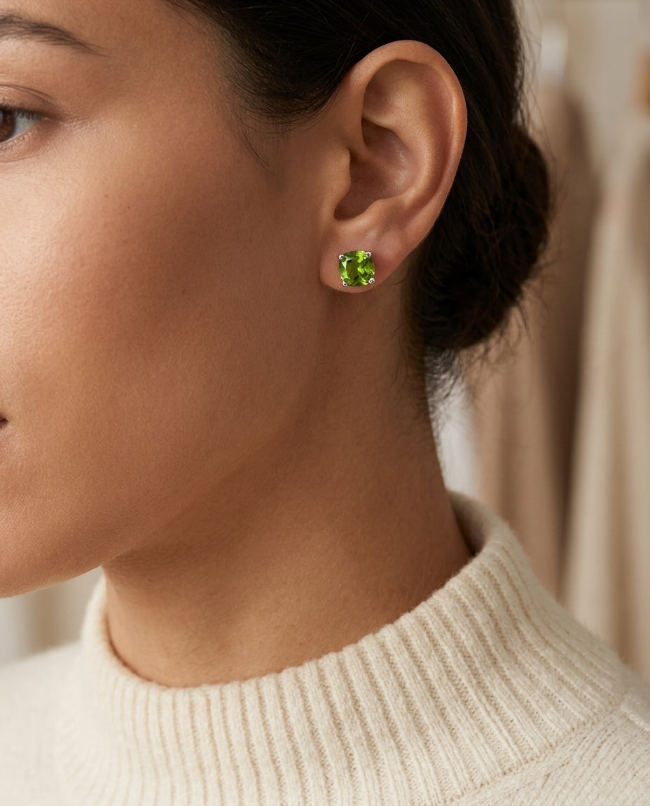 Green Peridot 5mm Studs Earring In 14k White Gold — editorial close-up