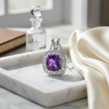 14kw Gold 8mm Cushion Cut Amethysts & Diamond Stud Earrings — atelier still life