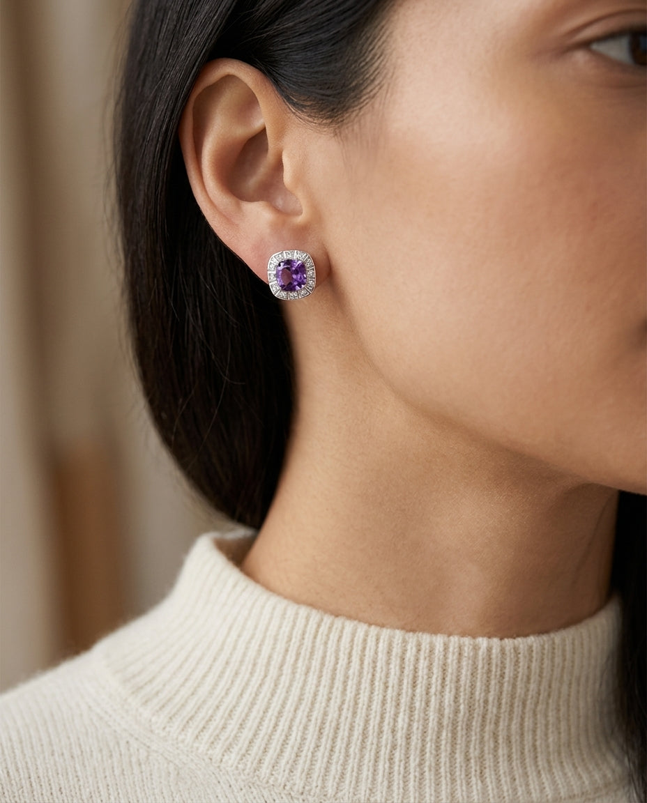 14kw Gold 8mm Cushion Cut Amethysts & Diamond Stud Earrings — editorial close-up