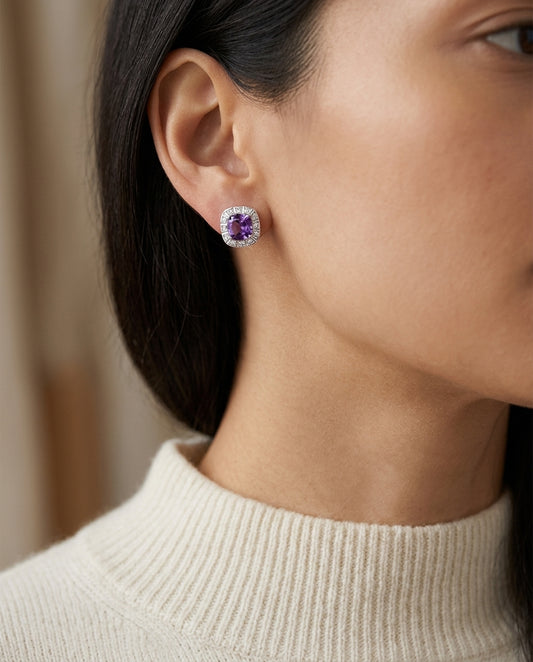 14kw Gold 8mm Cushion Cut Amethysts & Diamond Stud Earrings — editorial close-up